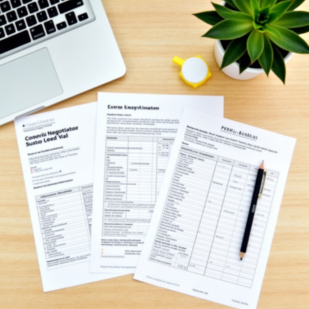 Business plan templates and financial projection documents laid out on a desk