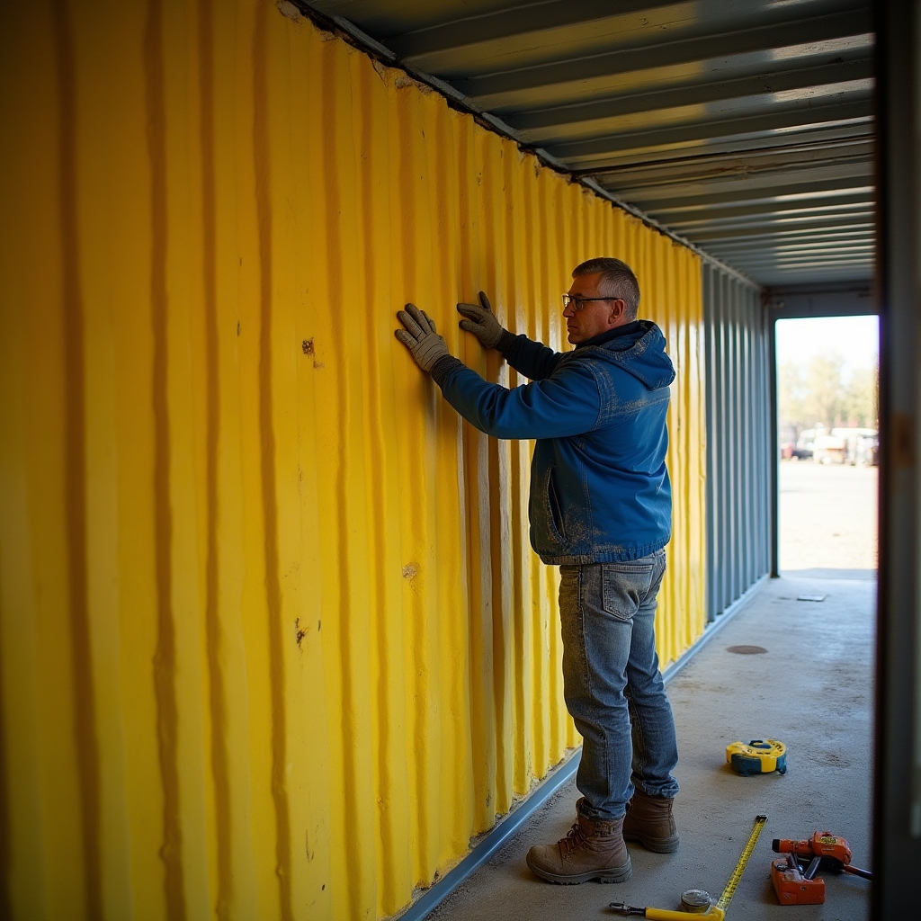 Worker installing rigid foam insulation panels inside a shipping container