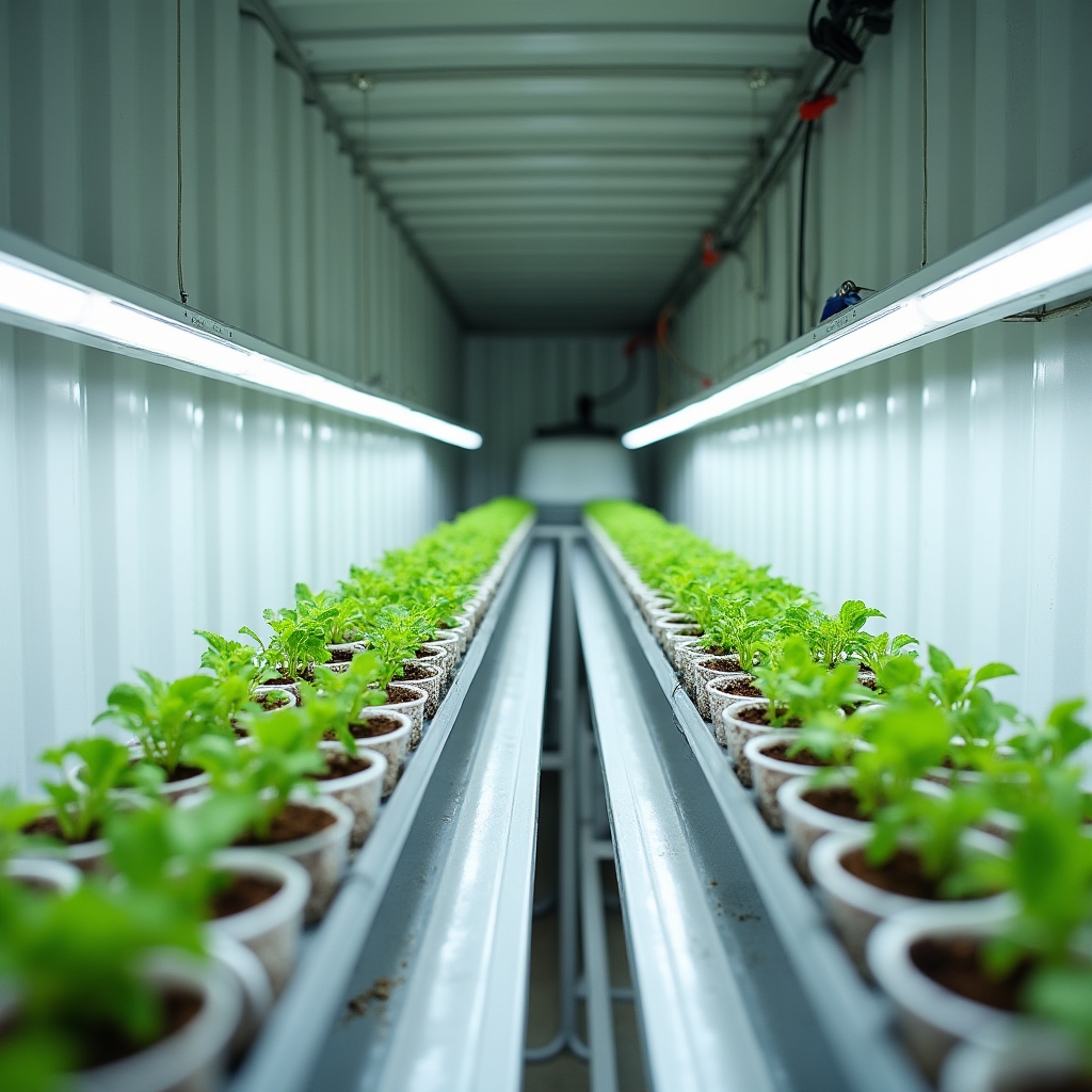 Hydroponic growing system installed inside a converted shipping container
