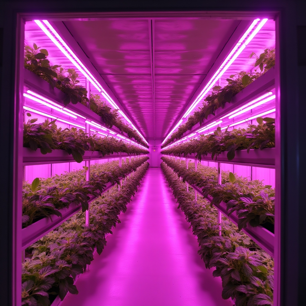 Interior of a shipping container with rows of LED grow lights illuminating hydroponic shelves