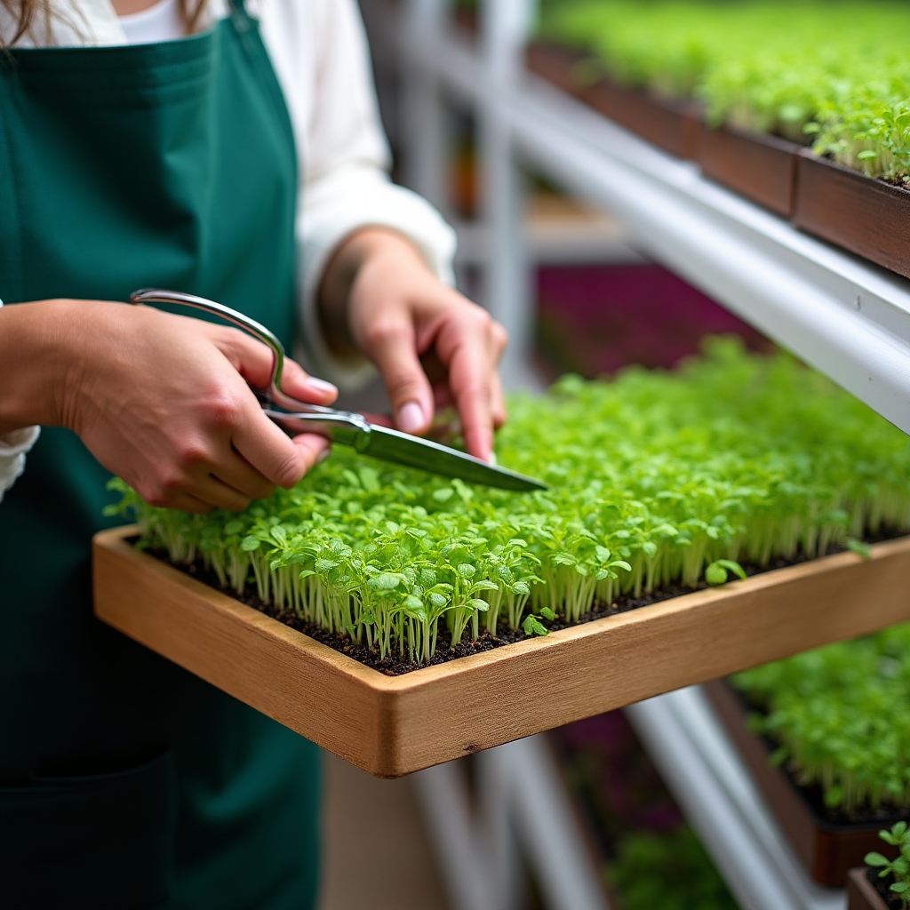 Fresh microgreens growing in trays under controlled lighting conditions