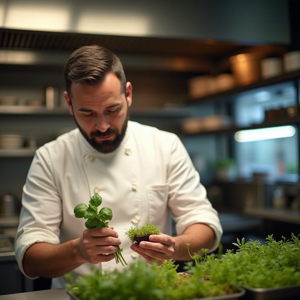 Chef in a Warsaw restaurant examining fresh locally grown herbs and greens