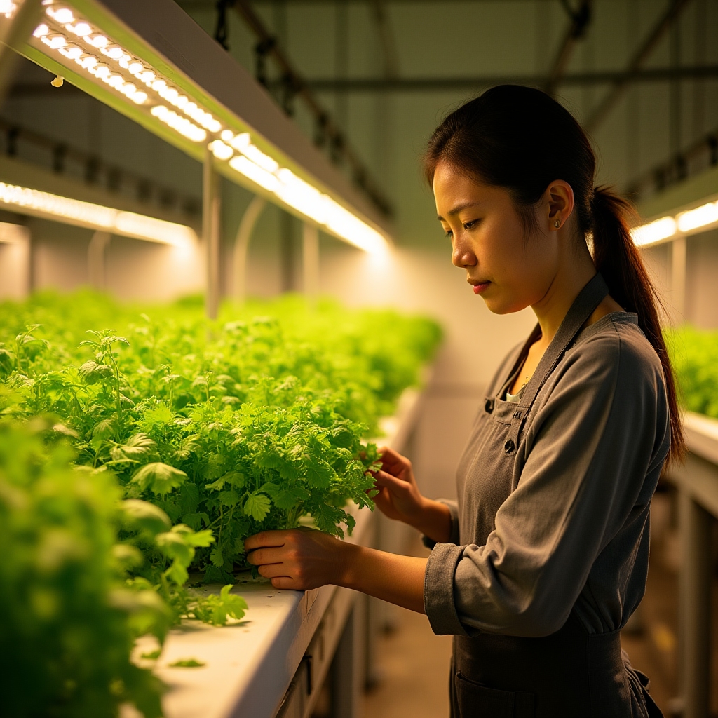 Specialty herbs growing under LED lighting inside a container farm environment