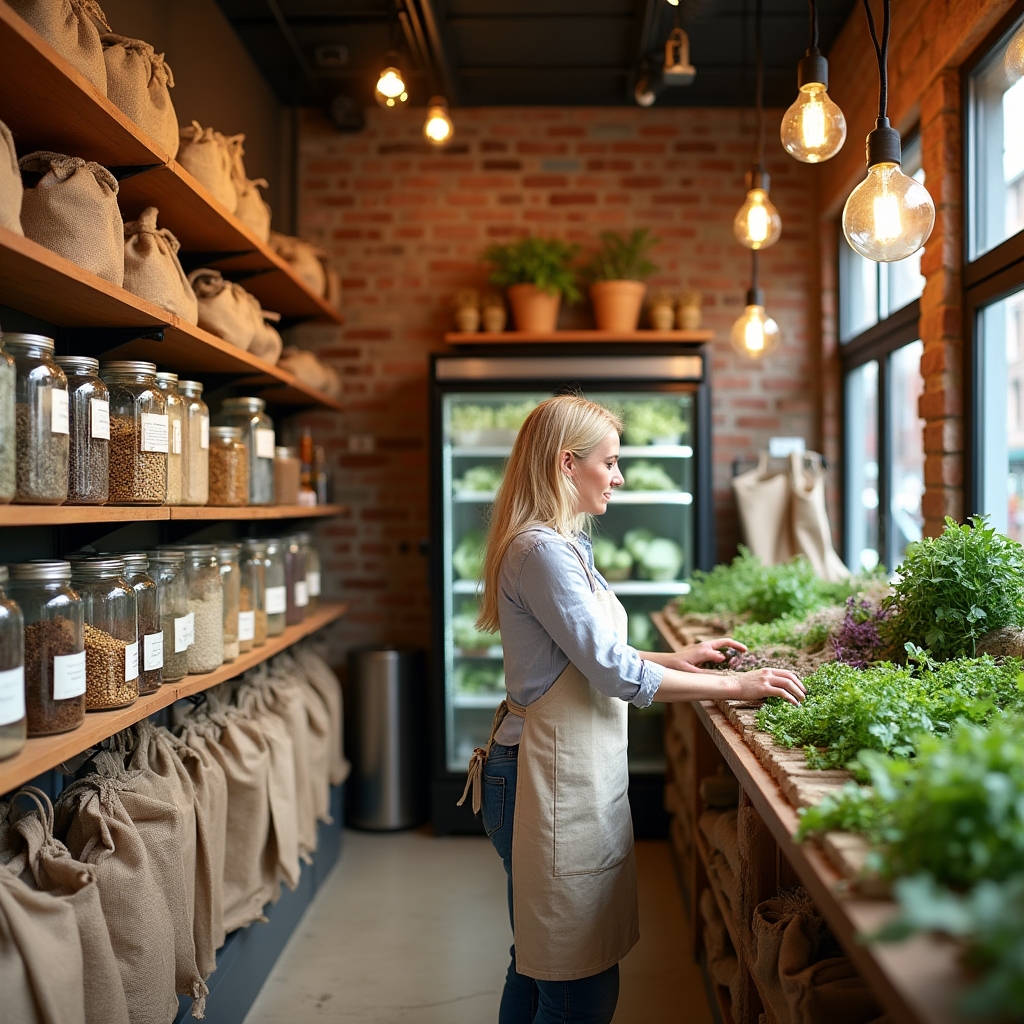 Zero-waste shop interior displaying fresh locally grown produce and microgreens
